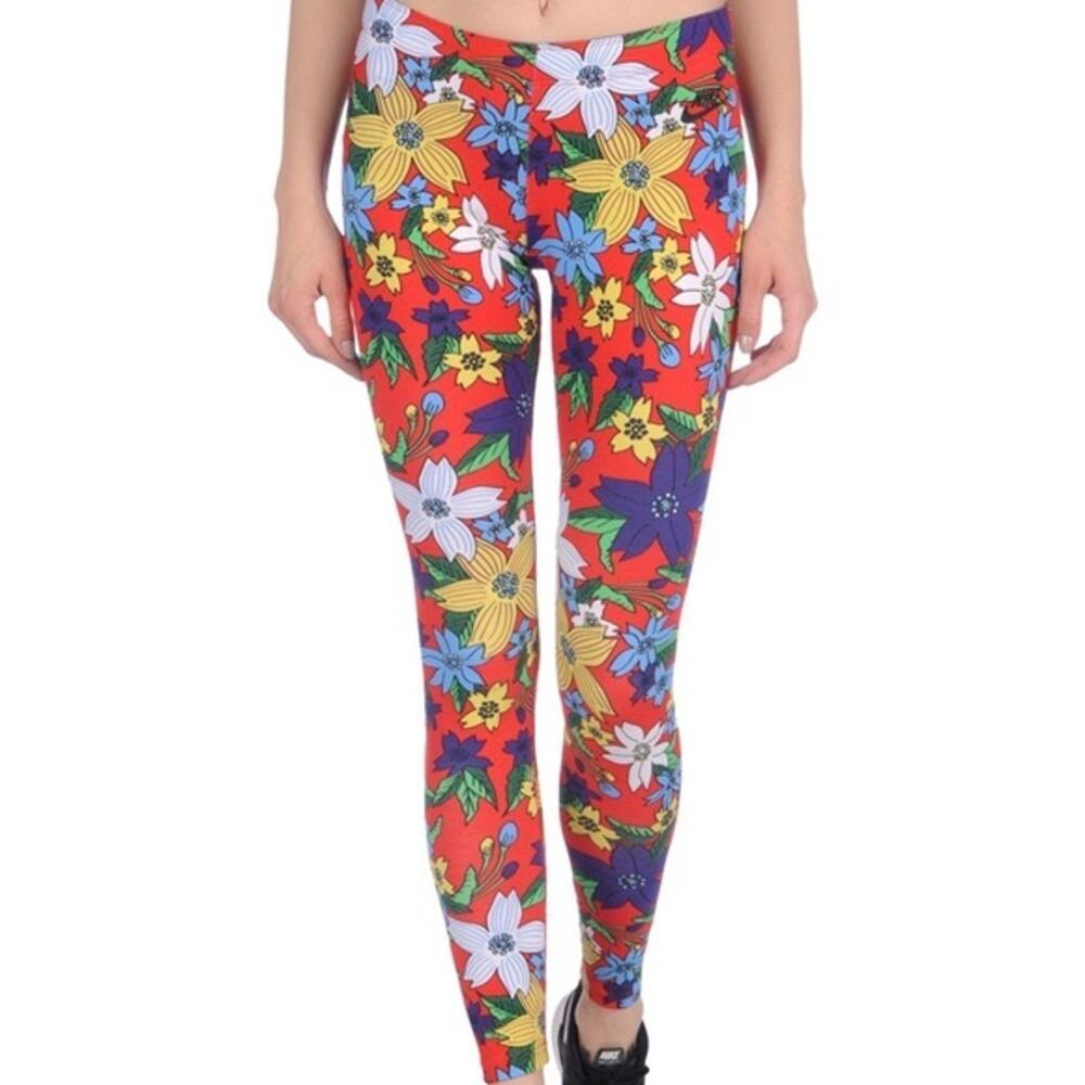 Nike (M) Hawaiian Floral Printed Red Leg-A-See Leggings Dopamine Dressing Gym